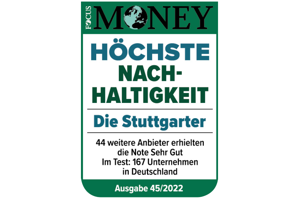 FOCUS-MONEY-Siegel mit Prädikat "Höchste Nachhaltigkeit" für Die Stuttgarter
