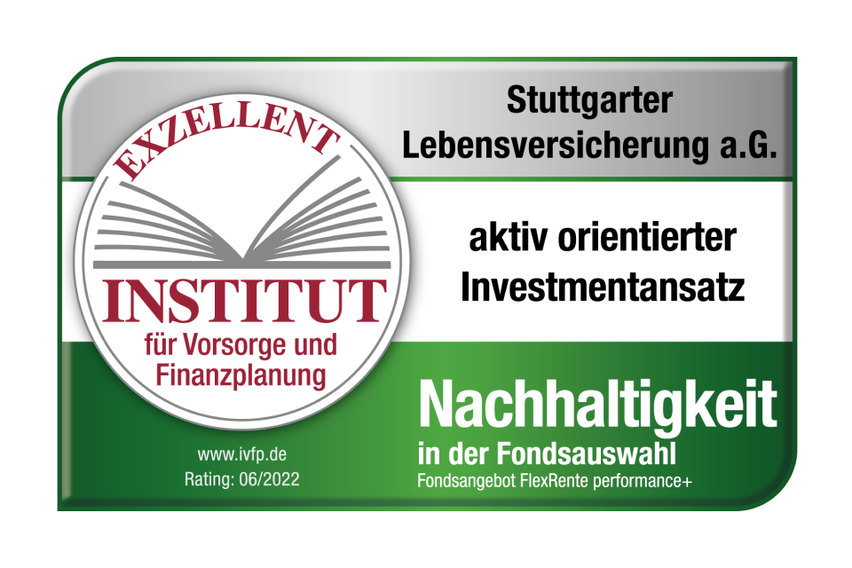 IVFP-Siegel mit Prädikat "aktiv orientierter Investmentansatz" für die Nachhaltigkeit in der Fondsauswahl/Fondsangebot FlexRente performance+ der Stuttgarter Lebensversicherung a. G.