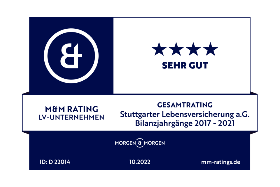 Morgen & Morgen-Siegel mit Prädikat "sehr gut" beim Gesamtrating für Die Stuttgarter Lebensversicherung a. G. der Bilanzjahrgänge 2017 bis 2021.