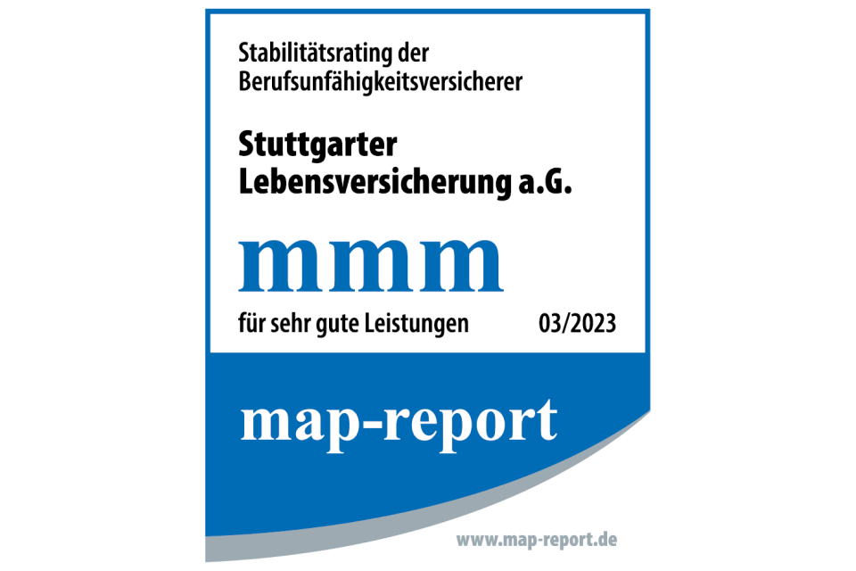 Siegel mit Prädikat "mmm für sehr gute Leistungen" für Die Stuttgarter Lebensversicherung a. G. beim map-report Stabilitätsrating der Berufsunfähigkeitsversicherer