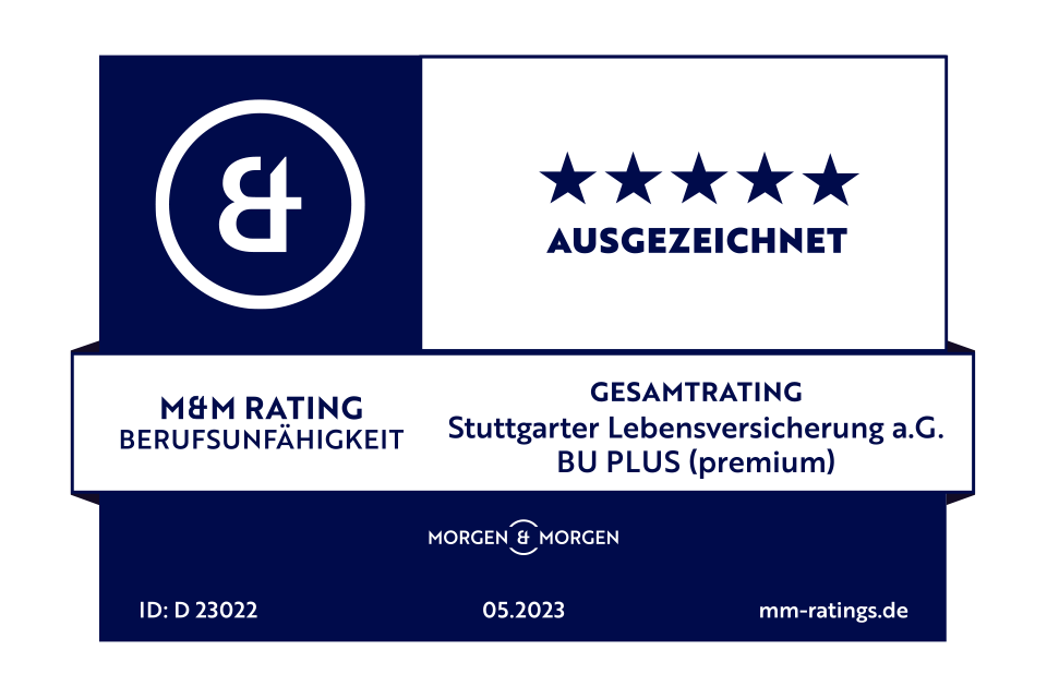Morgen & Morgen-Siegel mit Prädikat "ausgezeichnet" beim Gesamtrating für Die Stuttgarter BU PLUS (premium) der Stuttgarter Lebensversicherung a. G.